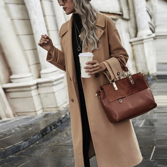 camel tan button long fall trench pea coat - Picture 2 of 3